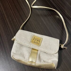 LISA Milano Beige Canvas Fabric and Gold Trim Clutch Handbag Purse